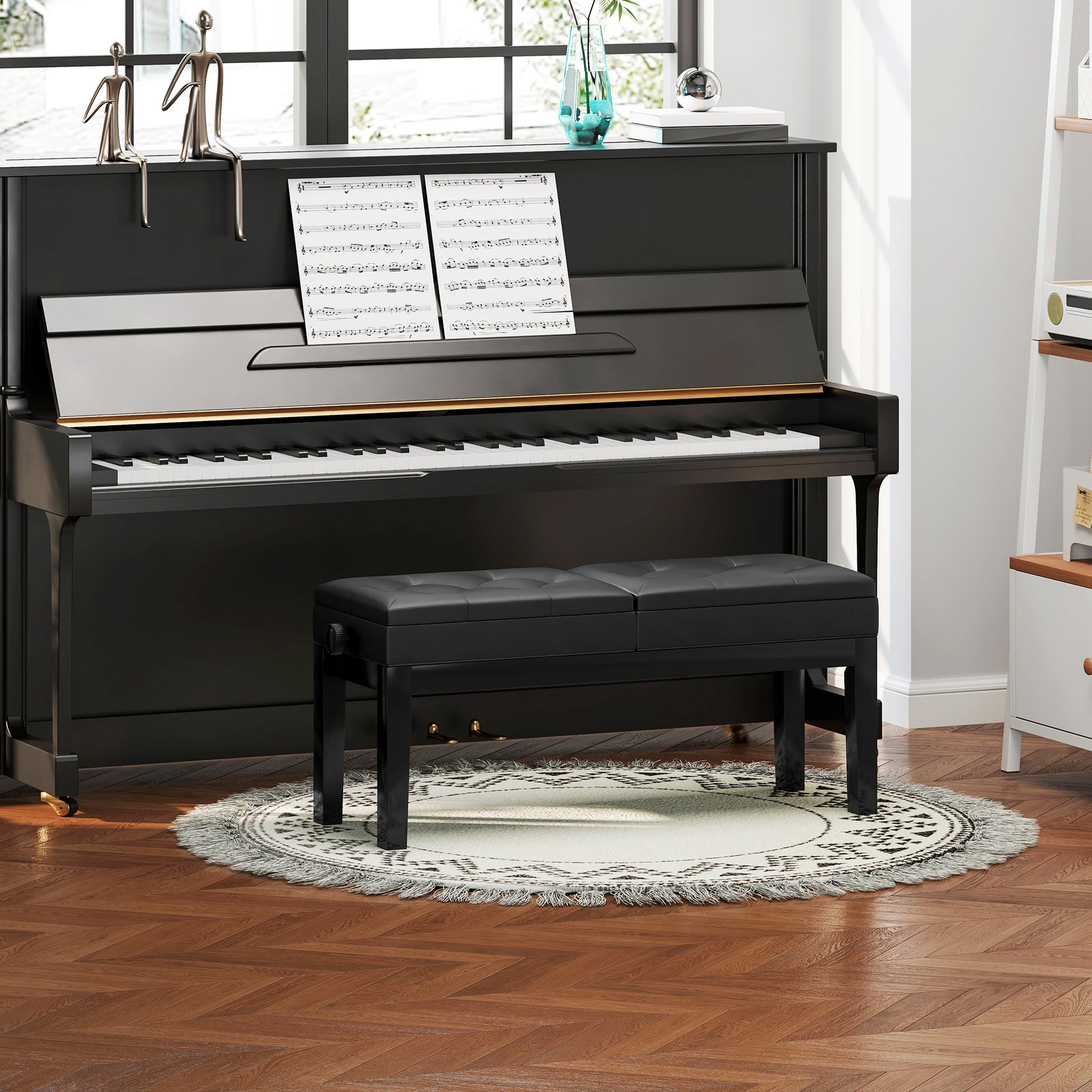 Adjustable Piano Bench Piano Stool with Storage, Supports up to 220 KG, Faux Leather, Black, 105 x 37 x 48-58 cm