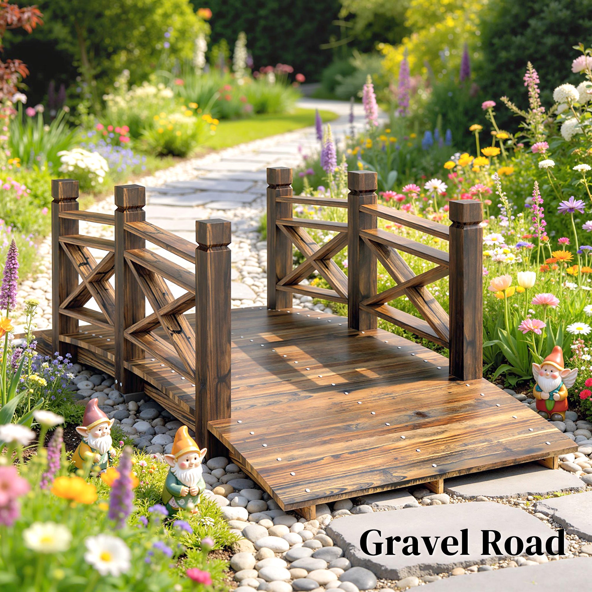Pine Garden Bridge with Handrails, Charred Finish (Shou Sugi Ban) — Walkable Decorative Pond Bridge, Rustic Arched Design, Weather-Resistant, Up to 200 kg, 174 x 78 x 57.5 cm