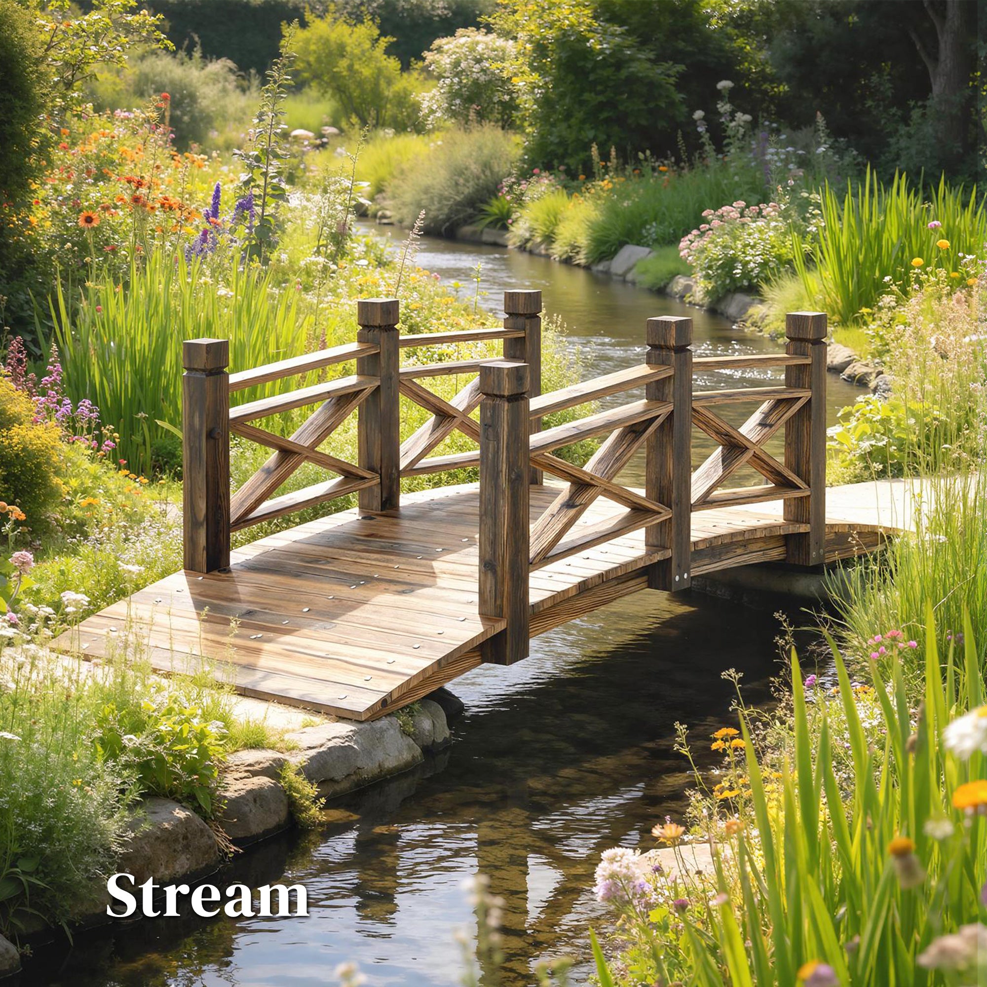 Pine Garden Bridge with Handrails, Charred Finish (Shou Sugi Ban) — Walkable Decorative Pond Bridge, Rustic Arched Design, Weather-Resistant, Up to 200 kg, 174 x 78 x 57.5 cm