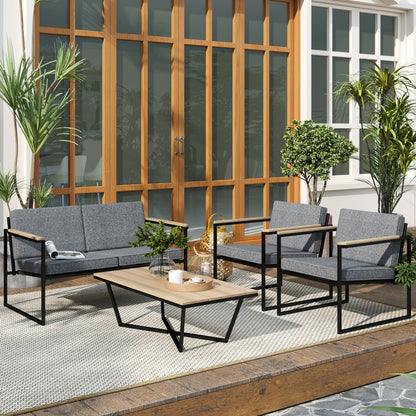 Garden Furniture Set 4 Persons Weatherproof Balcony Furniture Set with 2 Seater Sofa, 2 Chairs Seat Cushions Side Table Outdoor Seating Group Patio Furniture Garden Set for Garden Terrace Balcony Gray