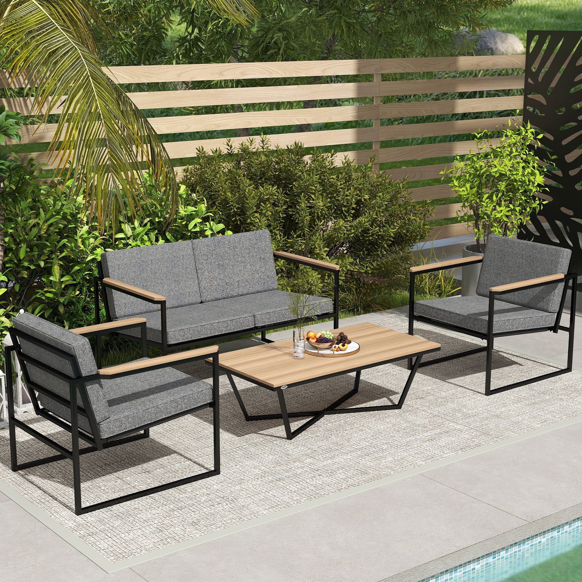 Garden Furniture Set 4 Persons Weatherproof Balcony Furniture Set with 2 Seater Sofa, 2 Chairs Seat Cushions Side Table Outdoor Seating Group Patio Furniture Garden Set for Garden Terrace Balcony Gray