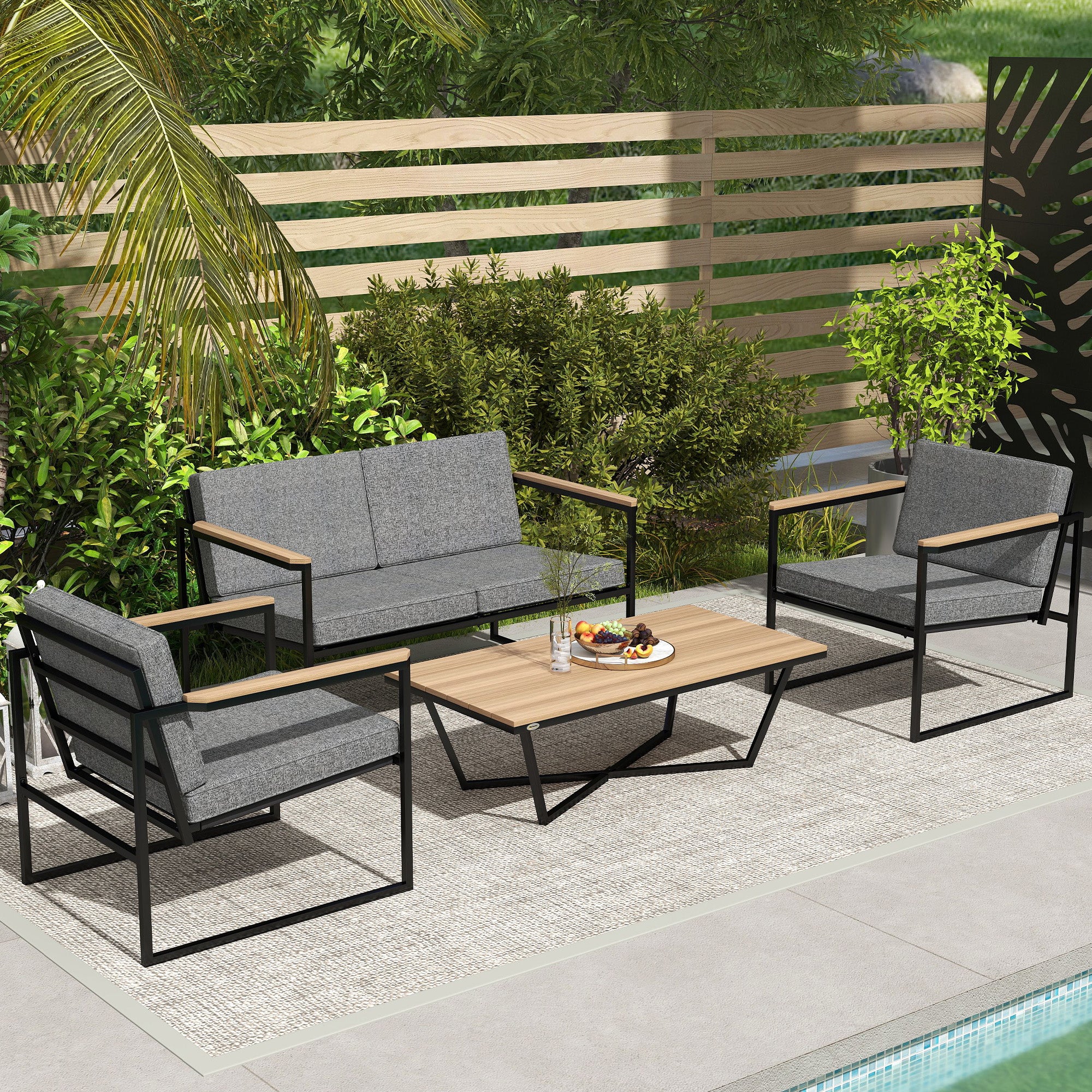 Garden Furniture Set 4 Persons Weatherproof Balcony Furniture Set with 2 Seater Sofa, 2 Chairs Seat Cushions Side Table Outdoor Seating Group Patio Furniture Garden Set for Garden Terrace Balcony Gray