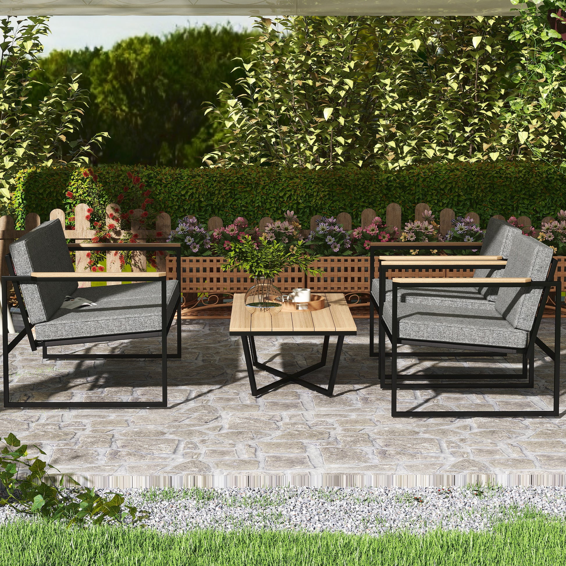 Garden Furniture Set 4 Persons Weatherproof Balcony Furniture Set with 2 Seater Sofa, 2 Chairs Seat Cushions Side Table Outdoor Seating Group Patio Furniture Garden Set for Garden Terrace Balcony Gray
