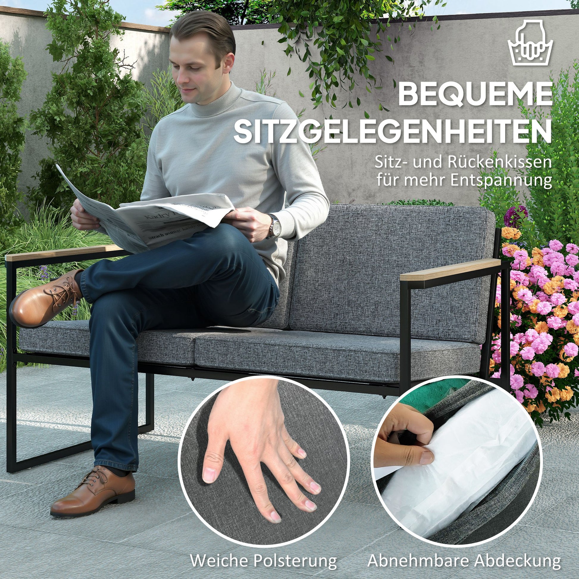 Garden Furniture Set 4 Persons Weatherproof Balcony Furniture Set with 2 Seater Sofa, 2 Chairs Seat Cushions Side Table Outdoor Seating Group Patio Furniture Garden Set for Garden Terrace Balcony Gray