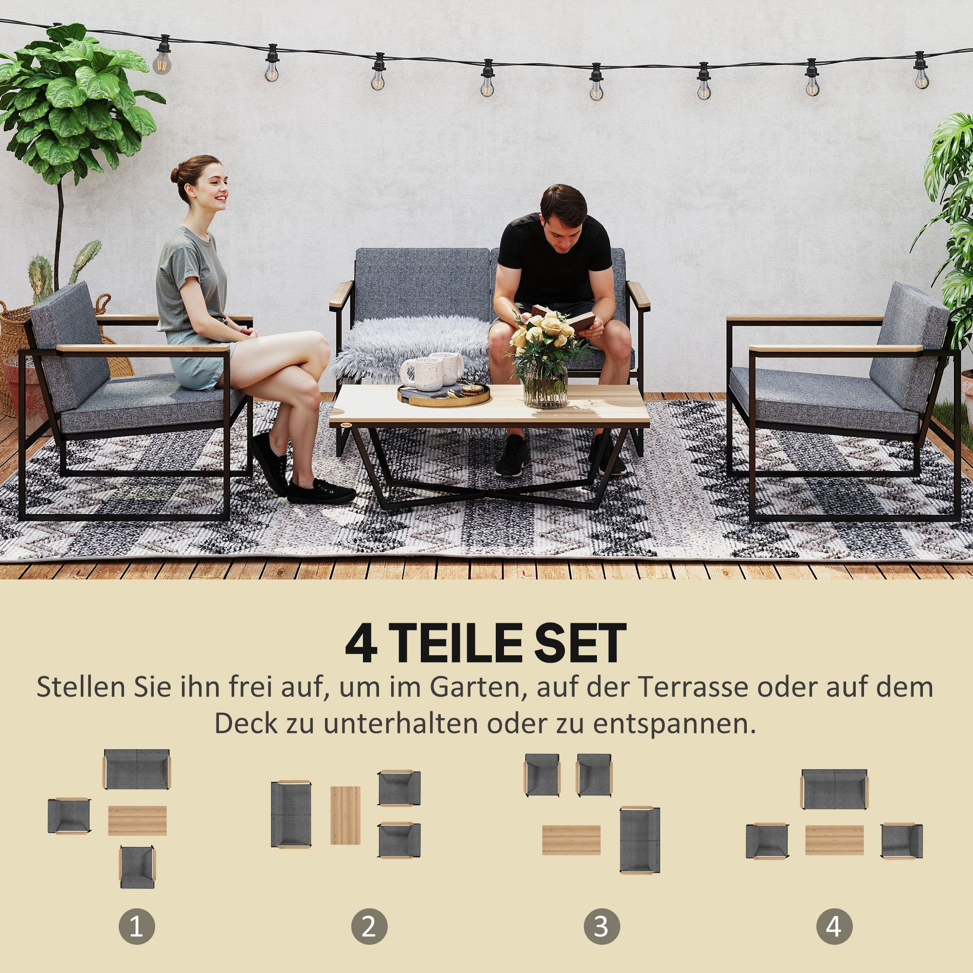 Garden Furniture Set 4 Persons Weatherproof Balcony Furniture Set with 2 Seater Sofa, 2 Chairs Seat Cushions Side Table Outdoor Seating Group Patio Furniture Garden Set for Garden Terrace Balcony Gray