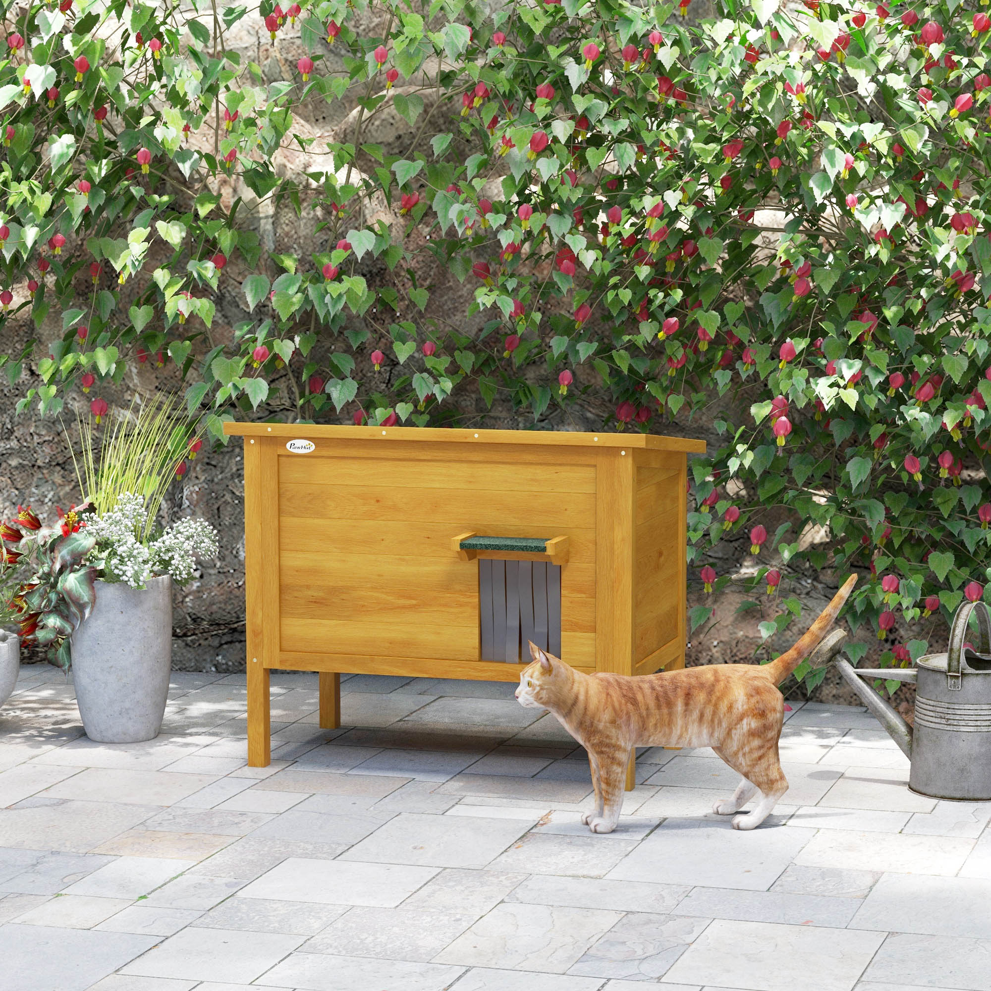 Outdoor Cat House Elevated Wooden Shelter with Openable Roof, Insulated with Asphalt Roof, 85 x 50 x 68.5 cm, Natural and Green