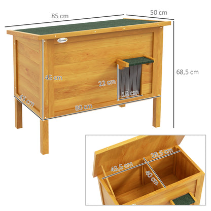 Outdoor Cat House Elevated Wooden Shelter with Openable Roof, Insulated with Asphalt Roof, 85 x 50 x 68.5 cm, Natural and Green