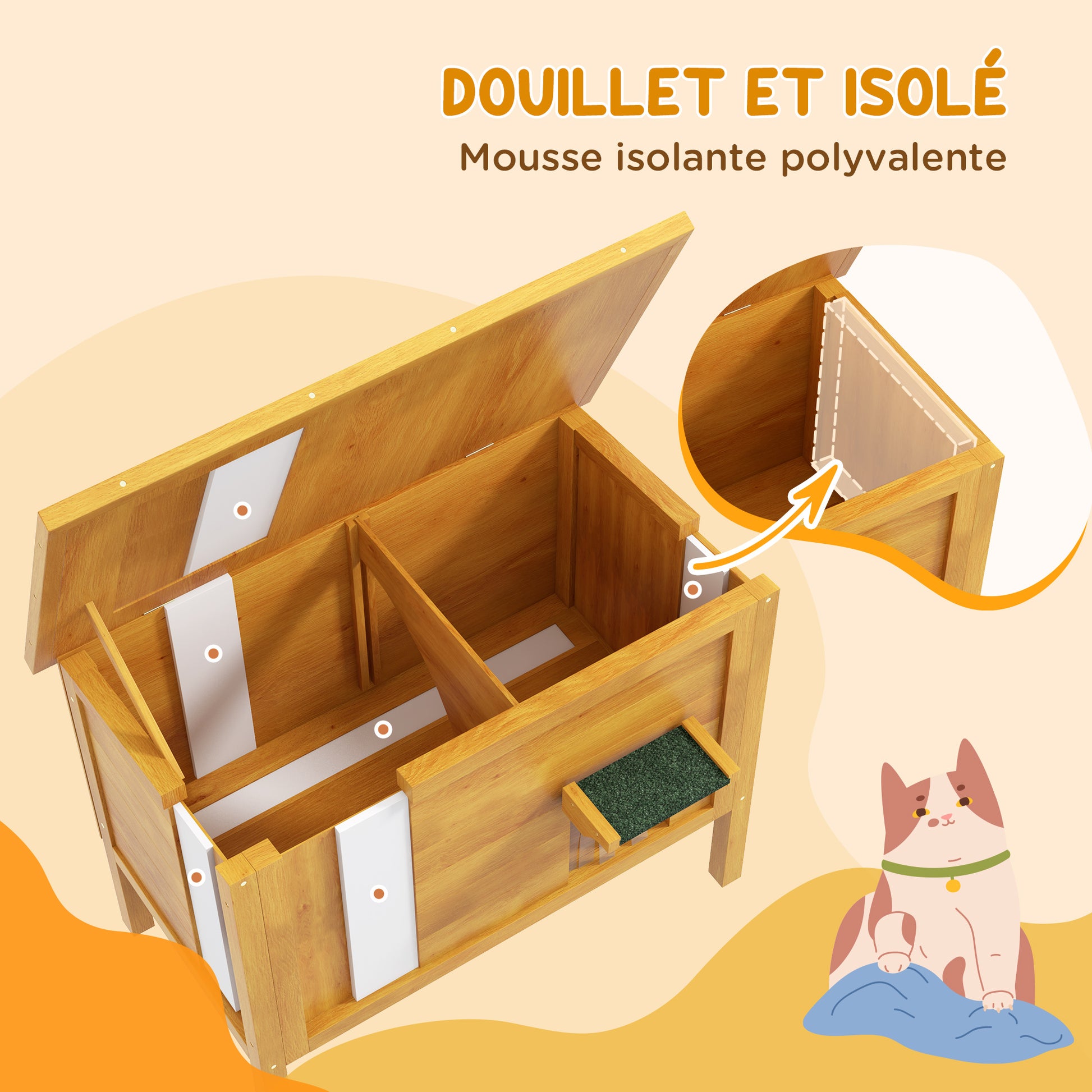 Outdoor Cat House Elevated Wooden Shelter with Openable Roof, Insulated with Asphalt Roof, 85 x 50 x 68.5 cm, Natural and Green