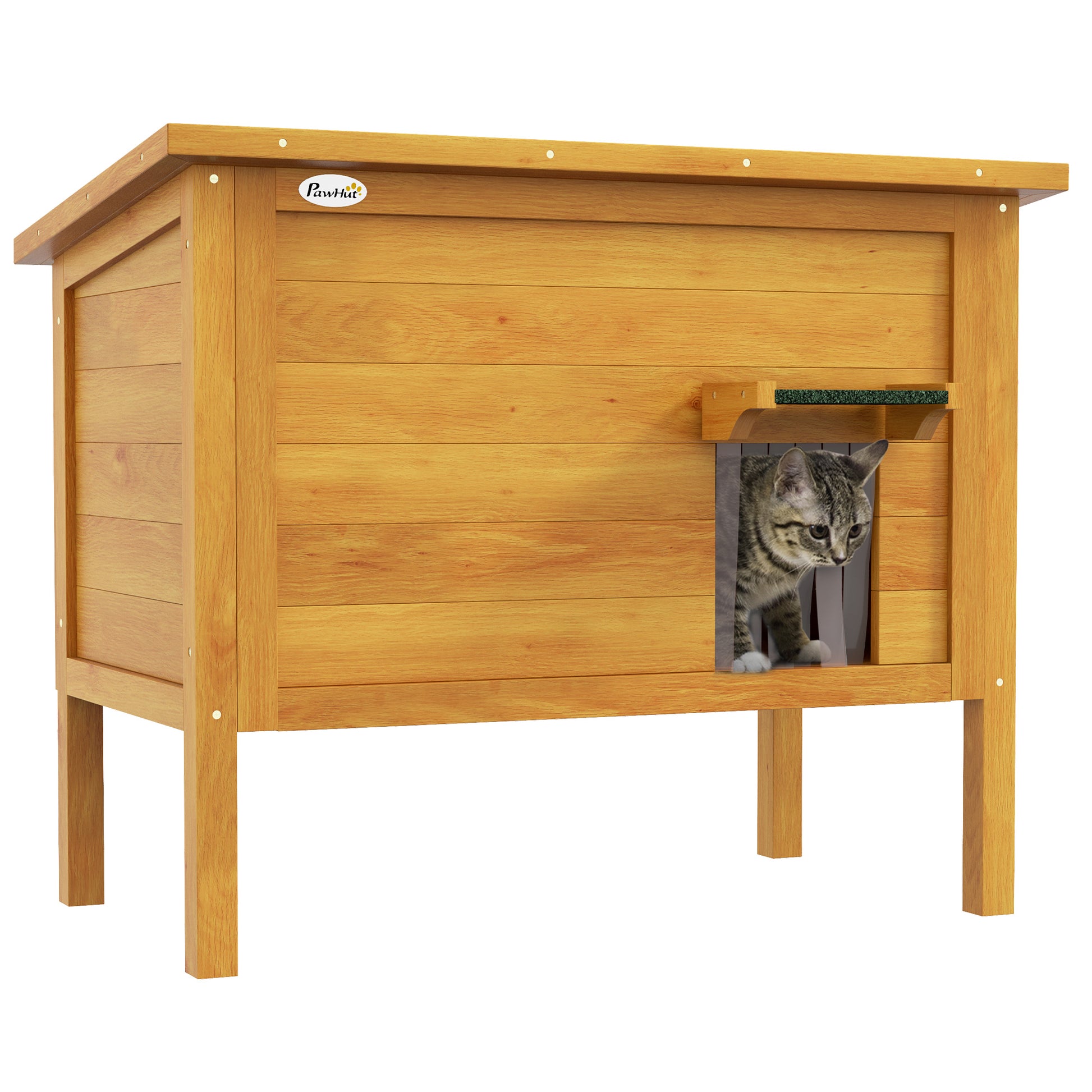 Outdoor Cat House Elevated Wooden Shelter with Openable Roof, Insulated with Asphalt Roof, 85 x 50 x 68.5 cm, Natural and Green