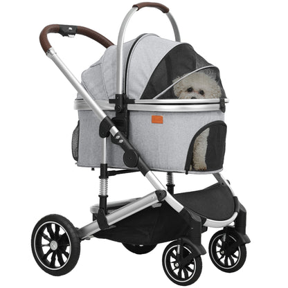 Pet Stroller 3 in 1 Dog Stroller collapsible for Dogs & Cats up to 10 kg Cat Stroller with Cushion Mesh Windows Doors Storage Basket Cat Stroller Light Grey