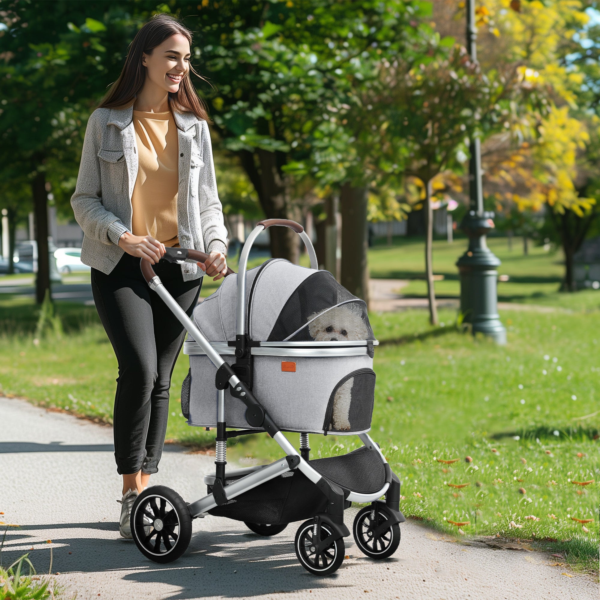 Pet Stroller 3 in 1 Dog Stroller collapsible for Dogs & Cats up to 10 kg Cat Stroller with Cushion Mesh Windows Doors Storage Basket Cat Stroller Light Grey