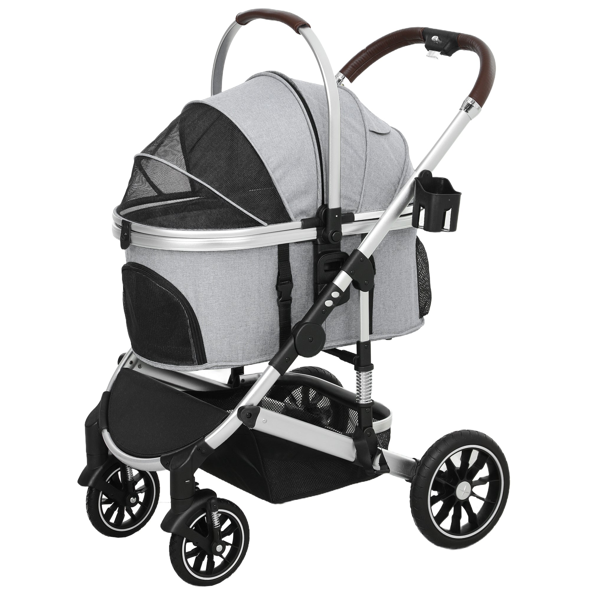 Pet Stroller 3 in 1 Dog Stroller collapsible for Dogs & Cats up to 10 kg Cat Stroller with Cushion Mesh Windows Doors Storage Basket Cat Stroller Light Grey