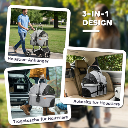 Pet Stroller 3 in 1 Dog Stroller collapsible for Dogs & Cats up to 10 kg Cat Stroller with Cushion Mesh Windows Doors Storage Basket Cat Stroller Light Grey