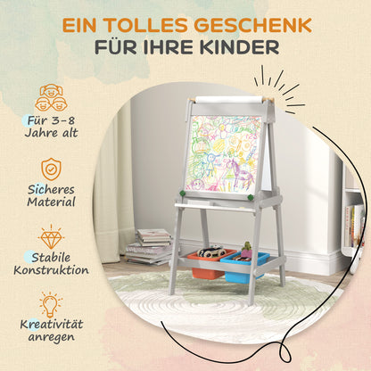 3-in-1 kids board, double-sided kids easel with chalkboard, whiteboard, easel with eraser, drawing paper, storage boxes, for kids 3-8 years old, Gray