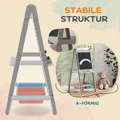 3-in-1 kids board, double-sided kids easel with chalkboard, whiteboard, easel with eraser, drawing paper, storage boxes, for kids 3-8 years old, Gray