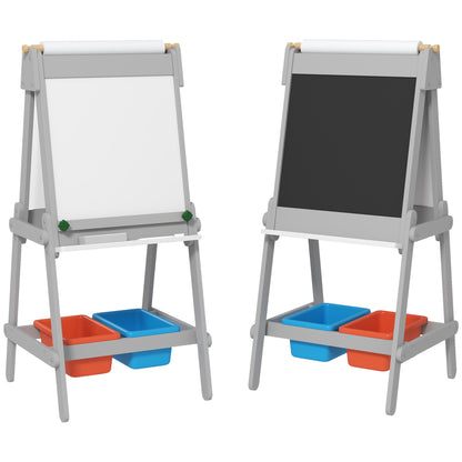 3-in-1 kids board, double-sided kids easel with chalkboard, whiteboard, easel with eraser, drawing paper, storage boxes, for kids 3-8 years old, Gray