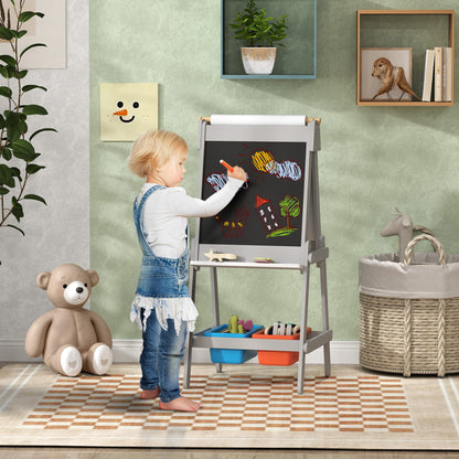 3-in-1 kids board, double-sided kids easel with chalkboard, whiteboard, easel with eraser, drawing paper, storage boxes, for kids 3-8 years old, Gray