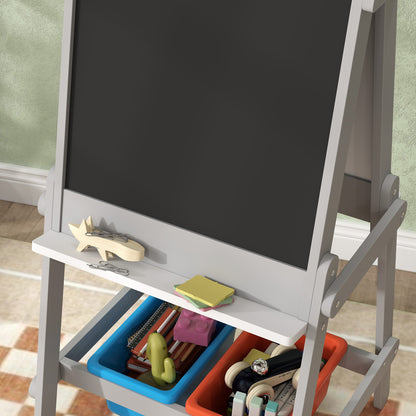 3-in-1 kids board, double-sided kids easel with chalkboard, whiteboard, easel with eraser, drawing paper, storage boxes, for kids 3-8 years old, Gray