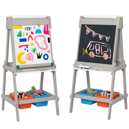 3-in-1 kids board, double-sided kids easel with chalkboard, whiteboard, easel with eraser, drawing paper, storage boxes, for kids 3-8 years old, Gray