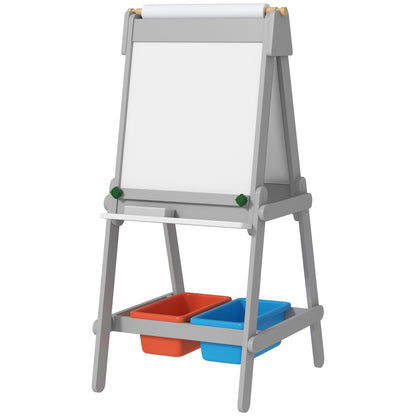 3-in-1 kids board, double-sided kids easel with chalkboard, whiteboard, easel with eraser, drawing paper, storage boxes, for kids 3-8 years old, Gray