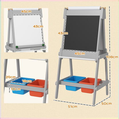 3-in-1 kids board, double-sided kids easel with chalkboard, whiteboard, easel with eraser, drawing paper, storage boxes, for kids 3-8 years old, Gray