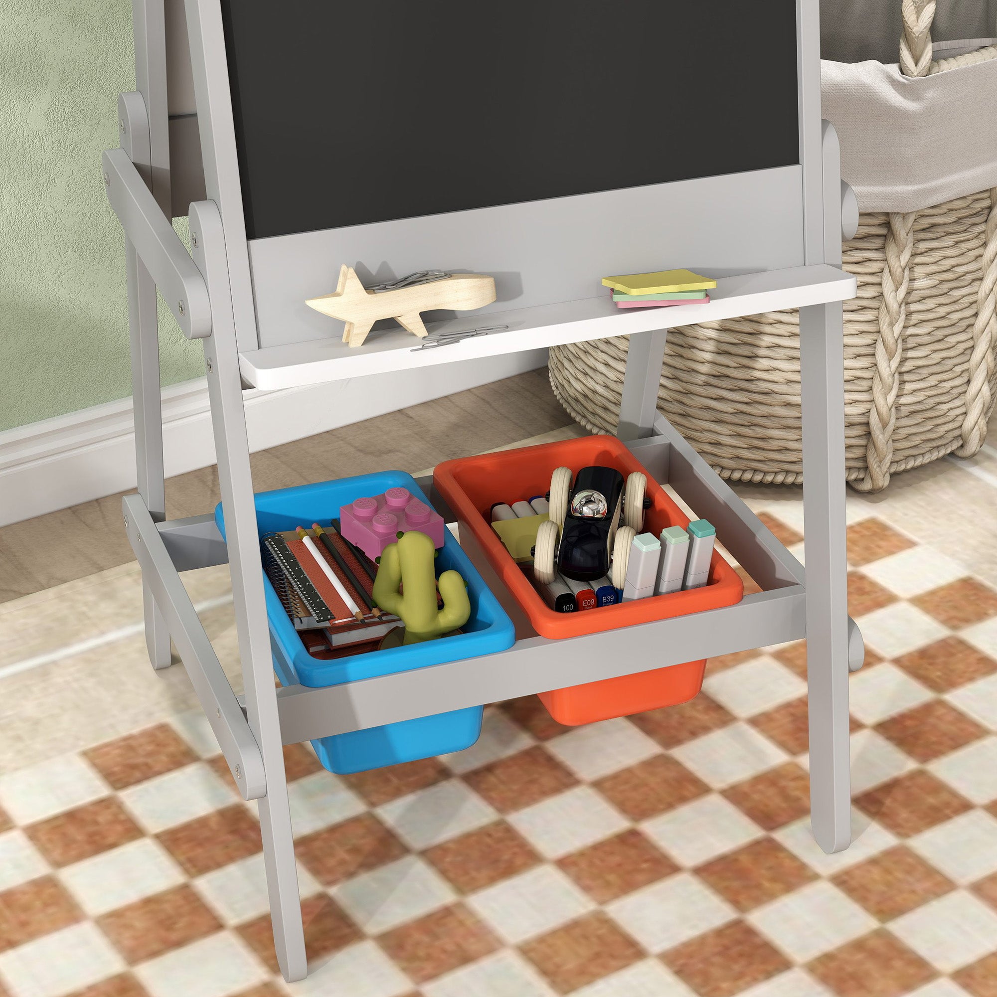 3-in-1 kids board, double-sided kids easel with chalkboard, whiteboard, easel with eraser, drawing paper, storage boxes, for kids 3-8 years old, Gray