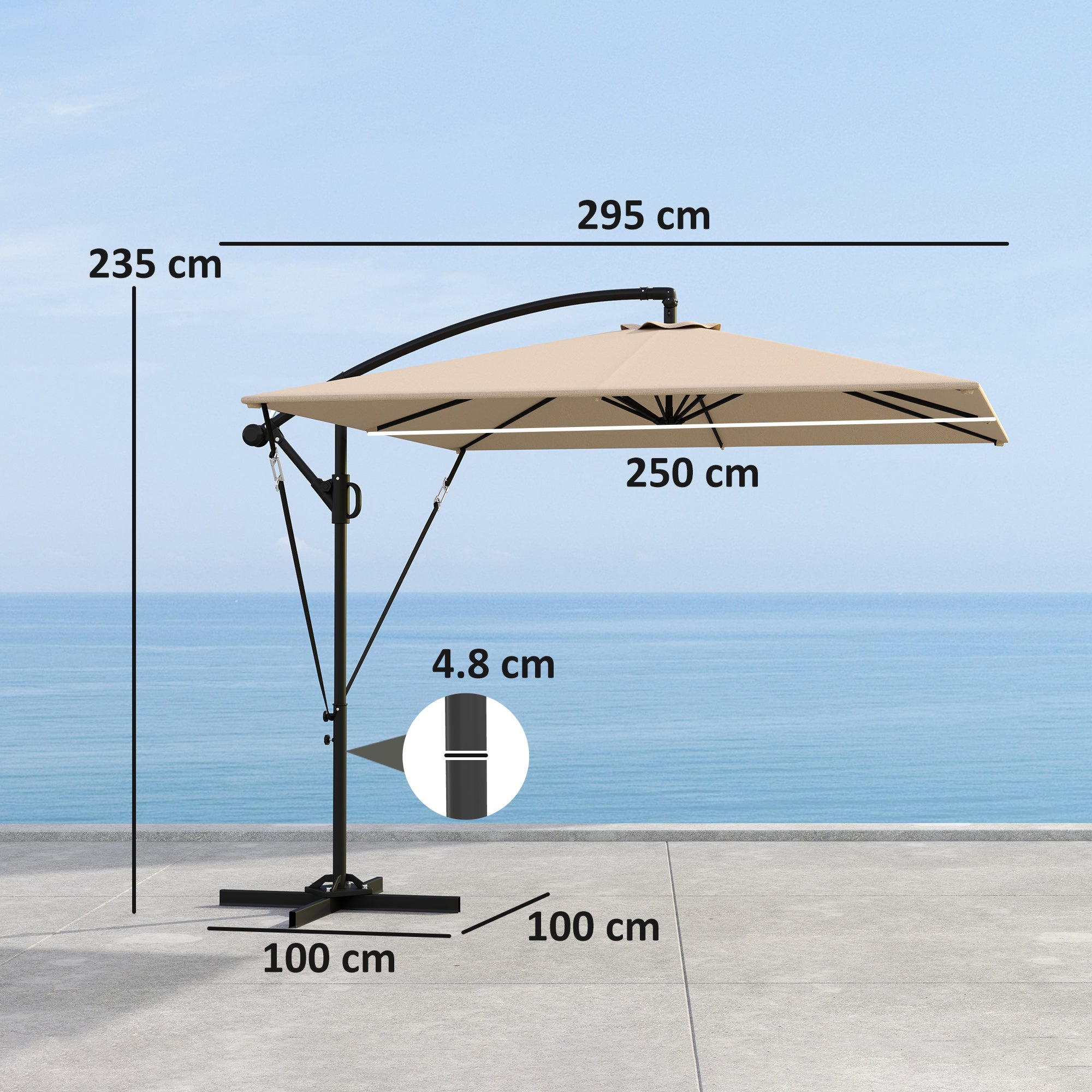 Cantilever Umbrella Ø260 cm Sunshade with UV Protection 50+ Water Repellent Crank Umbrella with Stand, Cover, Crank, Wind Safety, Market Umbrella Tiltable Garden Umbrella for Balcony Terrace Khaki