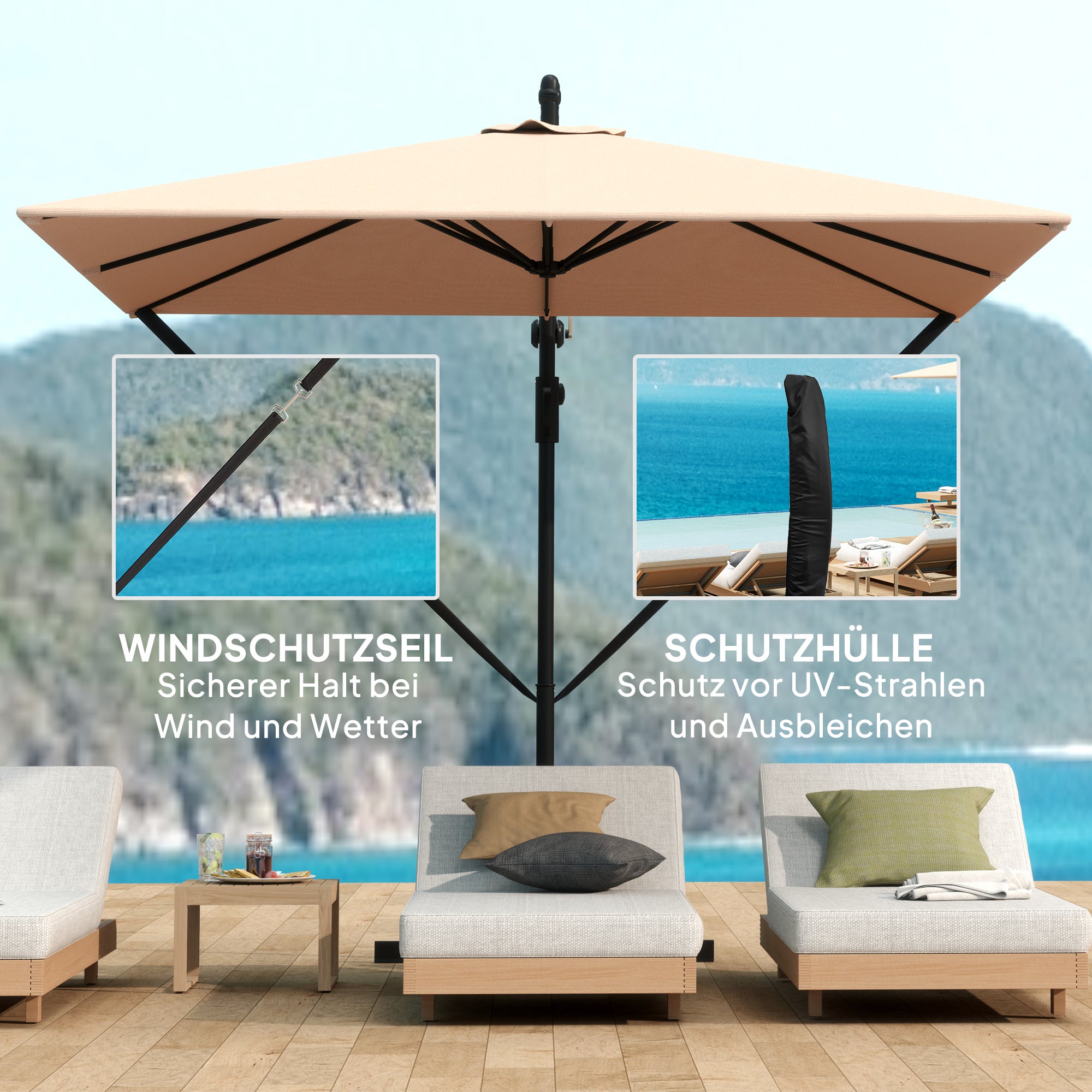 Cantilever Umbrella Ø260 cm Sunshade with UV Protection 50+ Water Repellent Crank Umbrella with Stand, Cover, Crank, Wind Safety, Market Umbrella Tiltable Garden Umbrella for Balcony Terrace Khaki