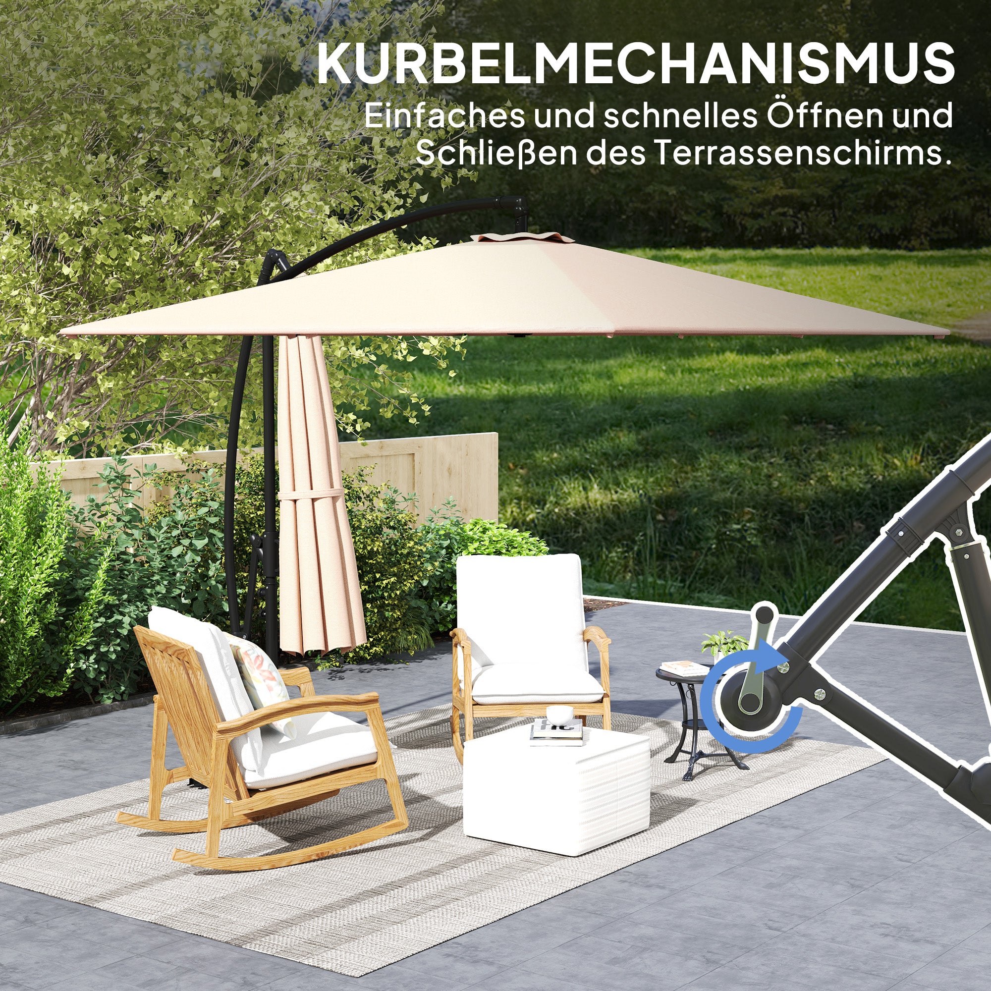 Cantilever Umbrella Ø260 cm Sunshade with UV Protection 50+ Water Repellent Crank Umbrella with Stand, Cover, Crank, Wind Safety, Market Umbrella Tiltable Garden Umbrella for Balcony Terrace Khaki