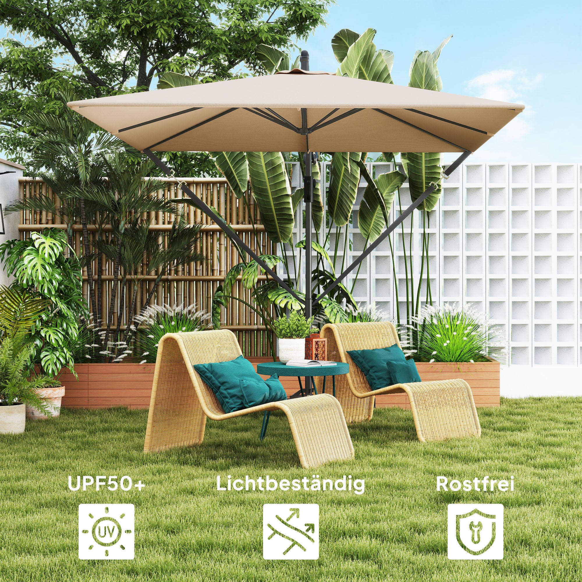 Cantilever Umbrella Ø260 cm Sunshade with UV Protection 50+ Water Repellent Crank Umbrella with Stand, Cover, Crank, Wind Safety, Market Umbrella Tiltable Garden Umbrella for Balcony Terrace Khaki