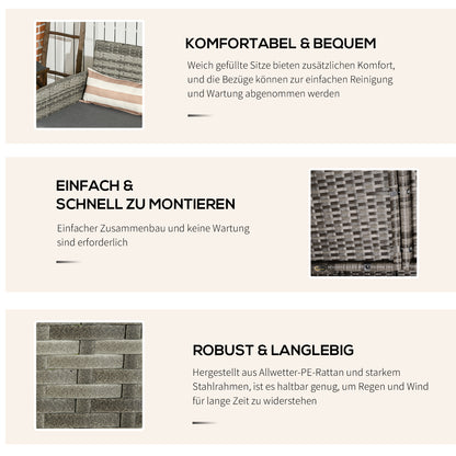 Rattan Sofa with Cushions, Three-seater, Garden Lounge Sofa, Steel, Gray, 173 x 68 x 78 cm