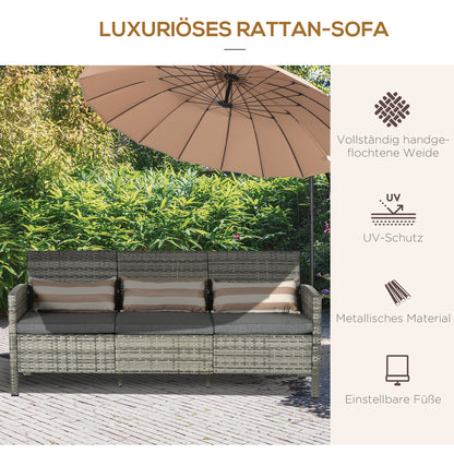 Rattan Sofa with Cushions, Three-seater, Garden Lounge Sofa, Steel, Gray, 173 x 68 x 78 cm