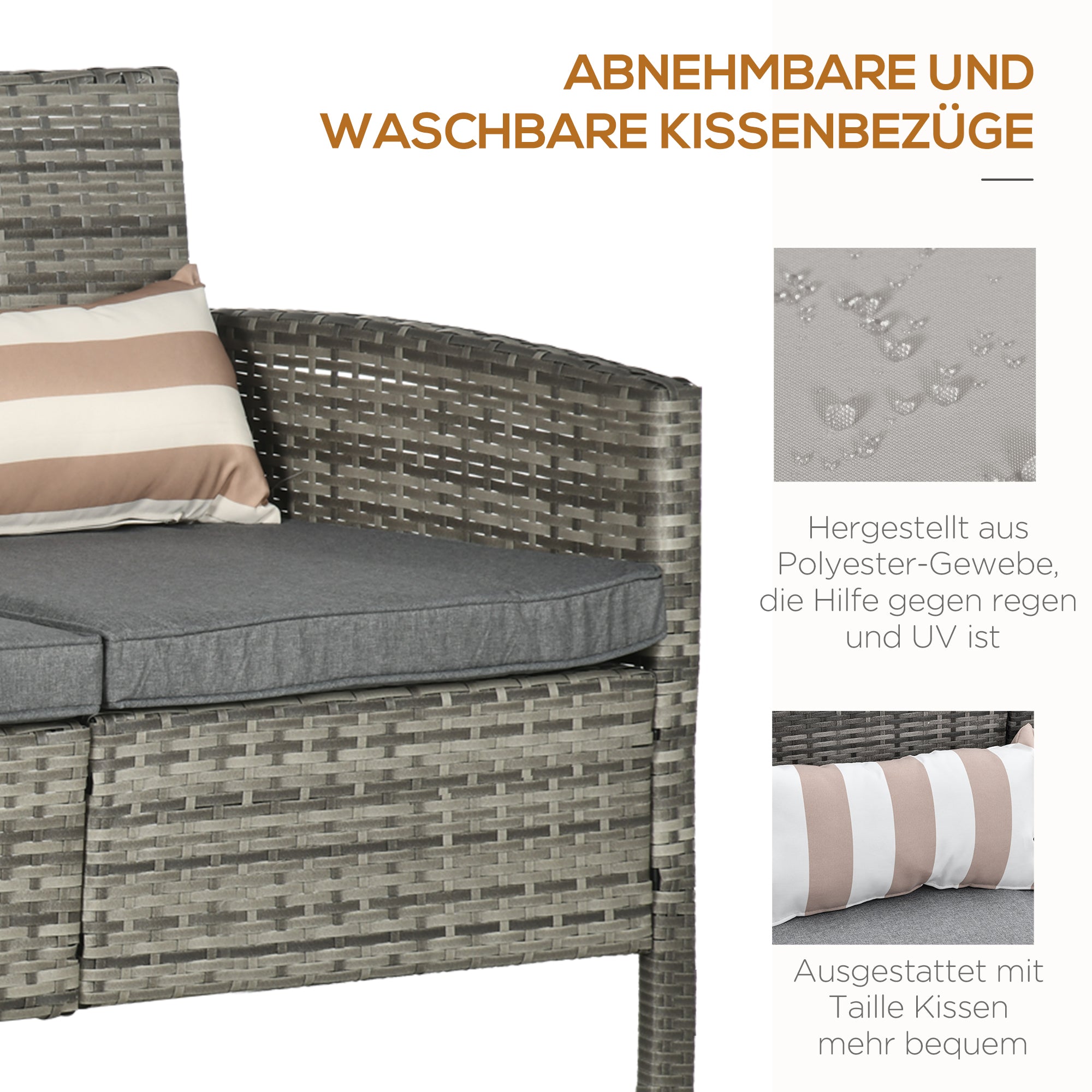 Rattan Sofa with Cushions, Three-seater, Garden Lounge Sofa, Steel, Gray, 173 x 68 x 78 cm