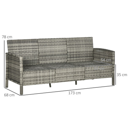 Rattan Sofa with Cushions, Three-seater, Garden Lounge Sofa, Steel, Gray, 173 x 68 x 78 cm