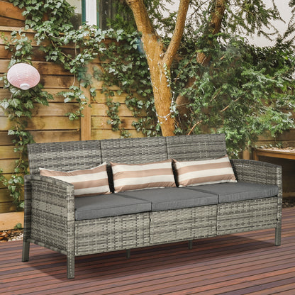 Rattan Sofa with Cushions, Three-seater, Garden Lounge Sofa, Steel, Gray, 173 x 68 x 78 cm