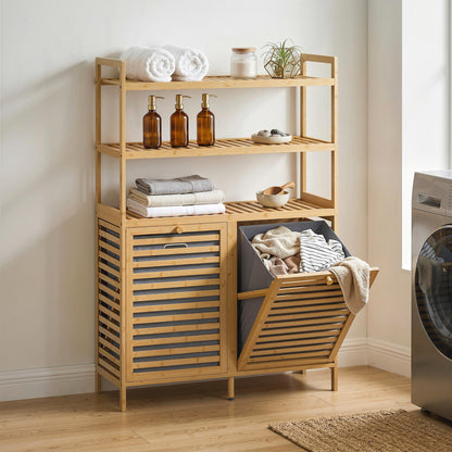Bamboo Bathroom Cabinet with Laundry Hampers — 3-Tier Storage with 2 Removable Fabric Baskets, 31.5 x 11.8 x 46.5 in (80 x 30 x 118 cm), Oak