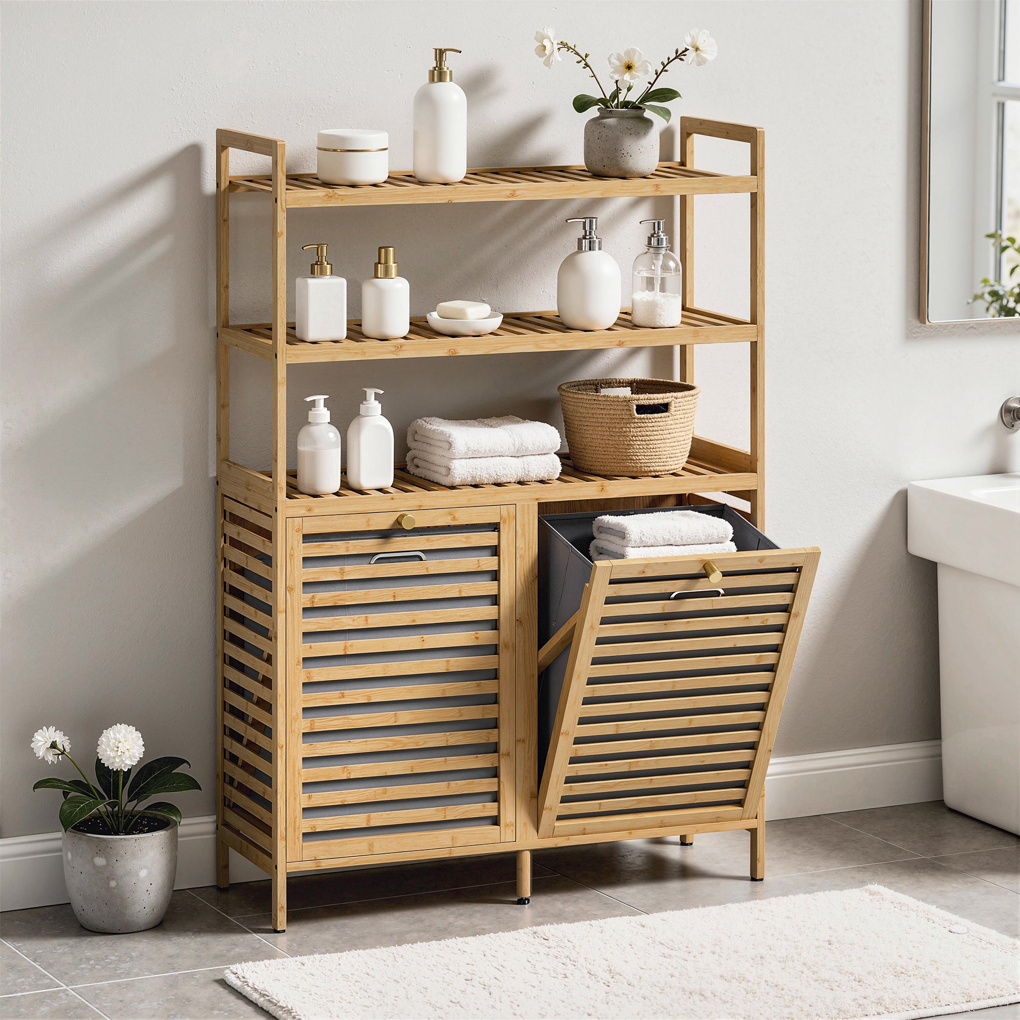 Bamboo Bathroom Cabinet with Laundry Hampers — 3-Tier Storage with 2 Removable Fabric Baskets, 31.5 x 11.8 x 46.5 in (80 x 30 x 118 cm), Oak