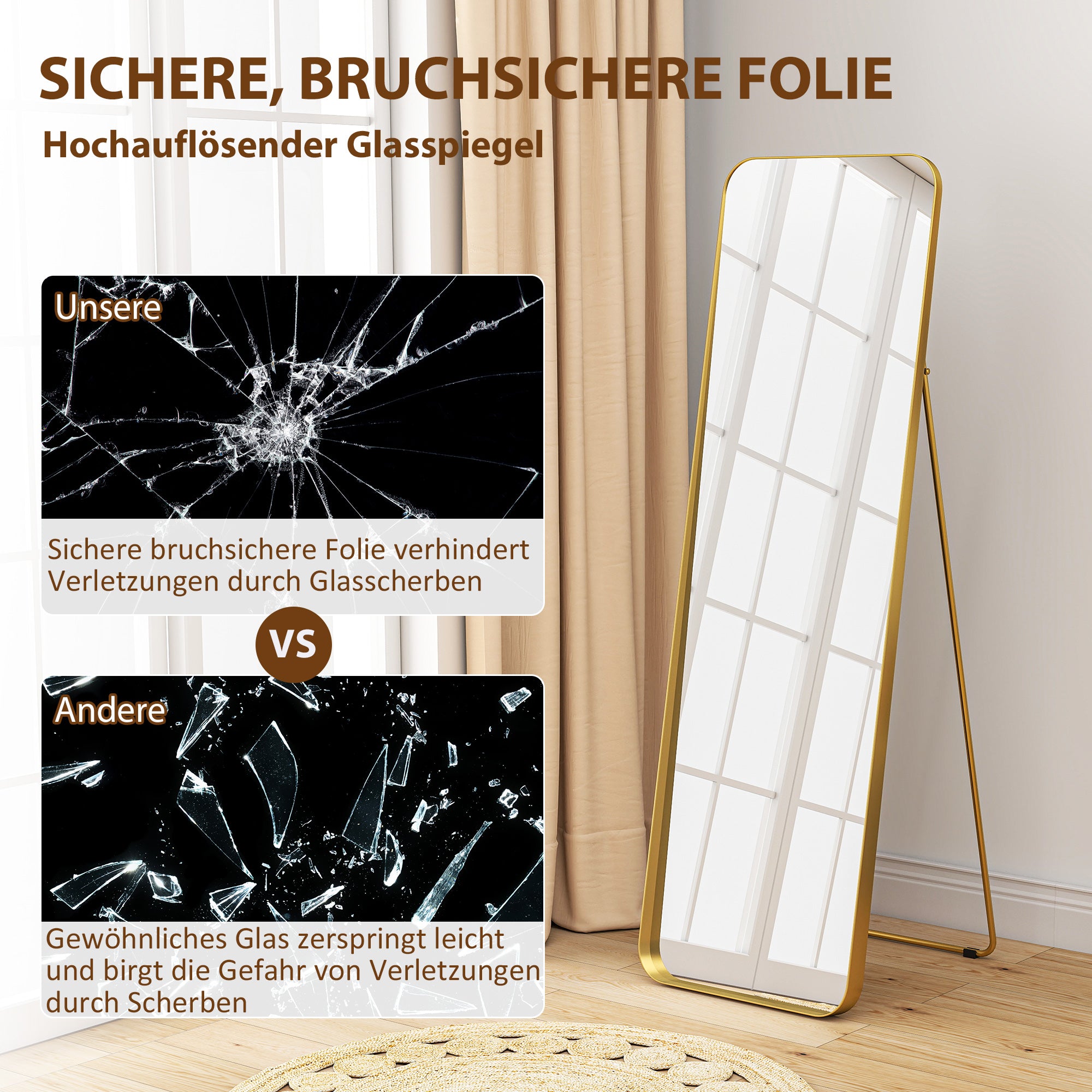 Full Body Mirror 160 x 50 cm Tapered Standing Mirror with Metal Frame and Shatterproof Glass, Floor Mirror for Standing, Leaning, Mirror for Living Room, Bedroom, Hallway, Gold