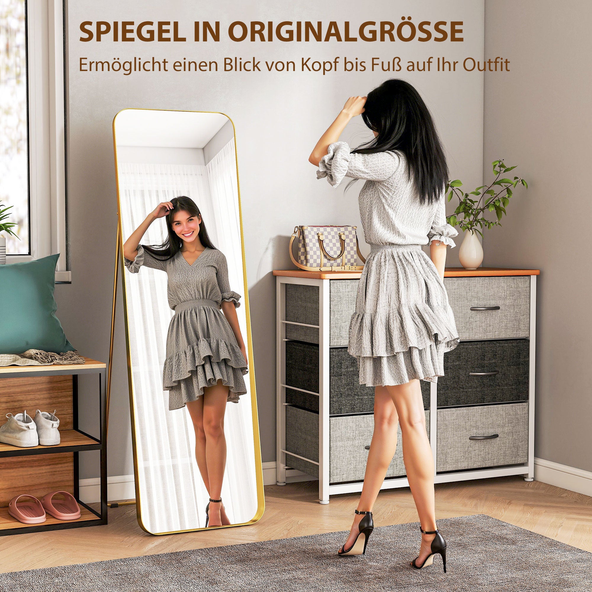 Full Body Mirror 160 x 50 cm Tapered Standing Mirror with Metal Frame and Shatterproof Glass, Floor Mirror for Standing, Leaning, Mirror for Living Room, Bedroom, Hallway, Gold