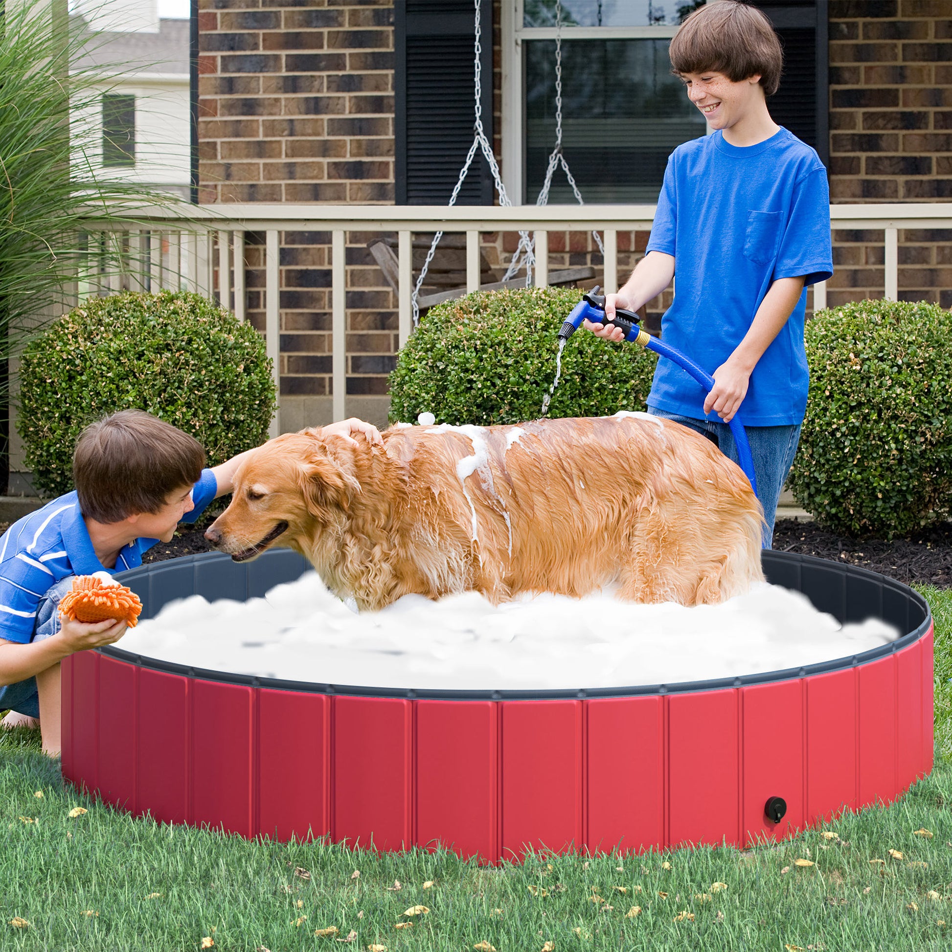 Foldable Pool for Dogs Cats Ø160x30cm Portable Pet Bathtub PVC Non-Slip Multiple Uses for Indoors and Outdoors Red