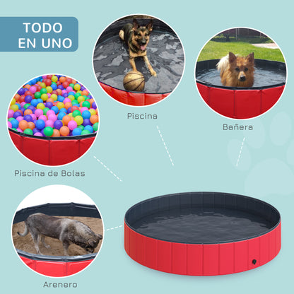 Foldable Pool for Dogs Cats Ø160x30cm Portable Pet Bathtub PVC Non-Slip Multiple Uses for Indoors and Outdoors Red