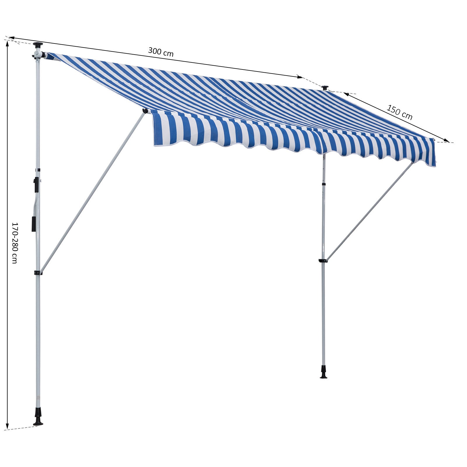 Clamp Awning with Hand Crank Height Adjustable Joint Arm Awning Dirt-Repellent, Weather-Resistant Balcony Awning 150cm Wide Patio Awning for Terrace Balcony Porch Blue+White