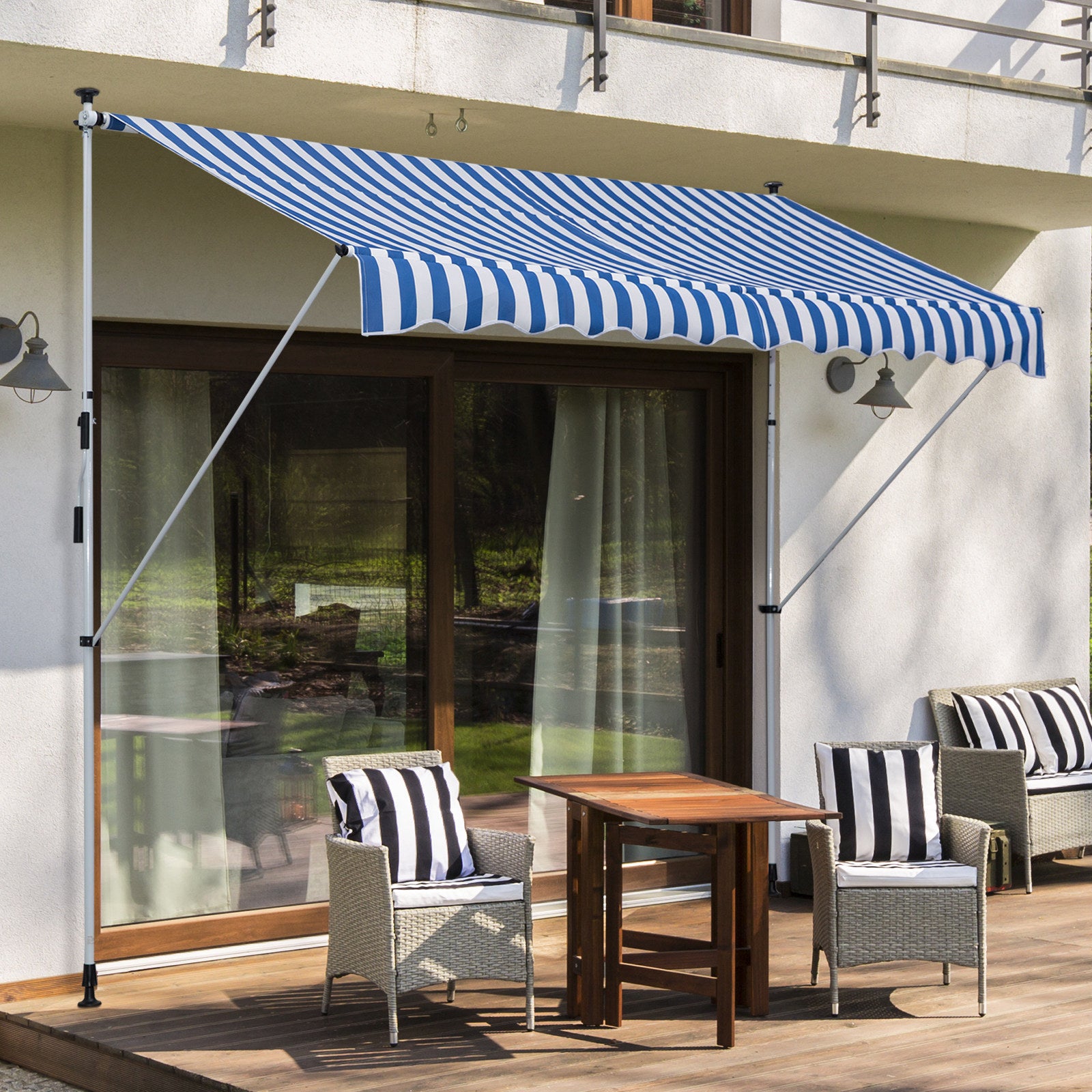 Clamp Awning with Hand Crank Height Adjustable Joint Arm Awning Dirt-Repellent, Weather-Resistant Balcony Awning 150cm Wide Patio Awning for Terrace Balcony Porch Blue+White