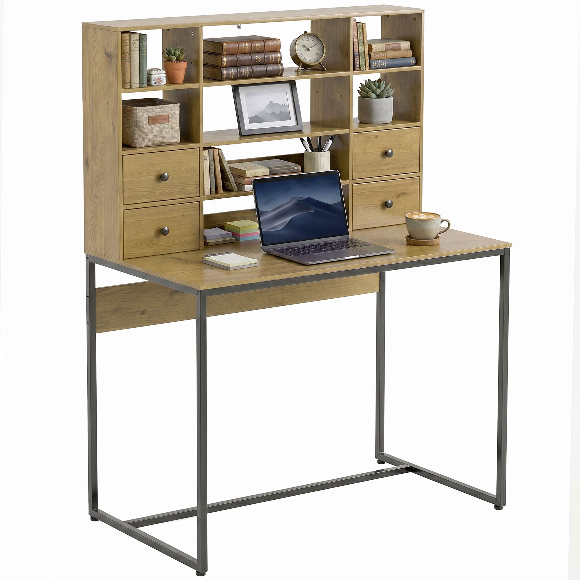 Computer Desk with 4 Drawers, 105 x 60 cm (41.3 x 23.6 in), Storage Desk with Open Shelves, Modern Home Office Table for Small Spaces, Natural Wood
