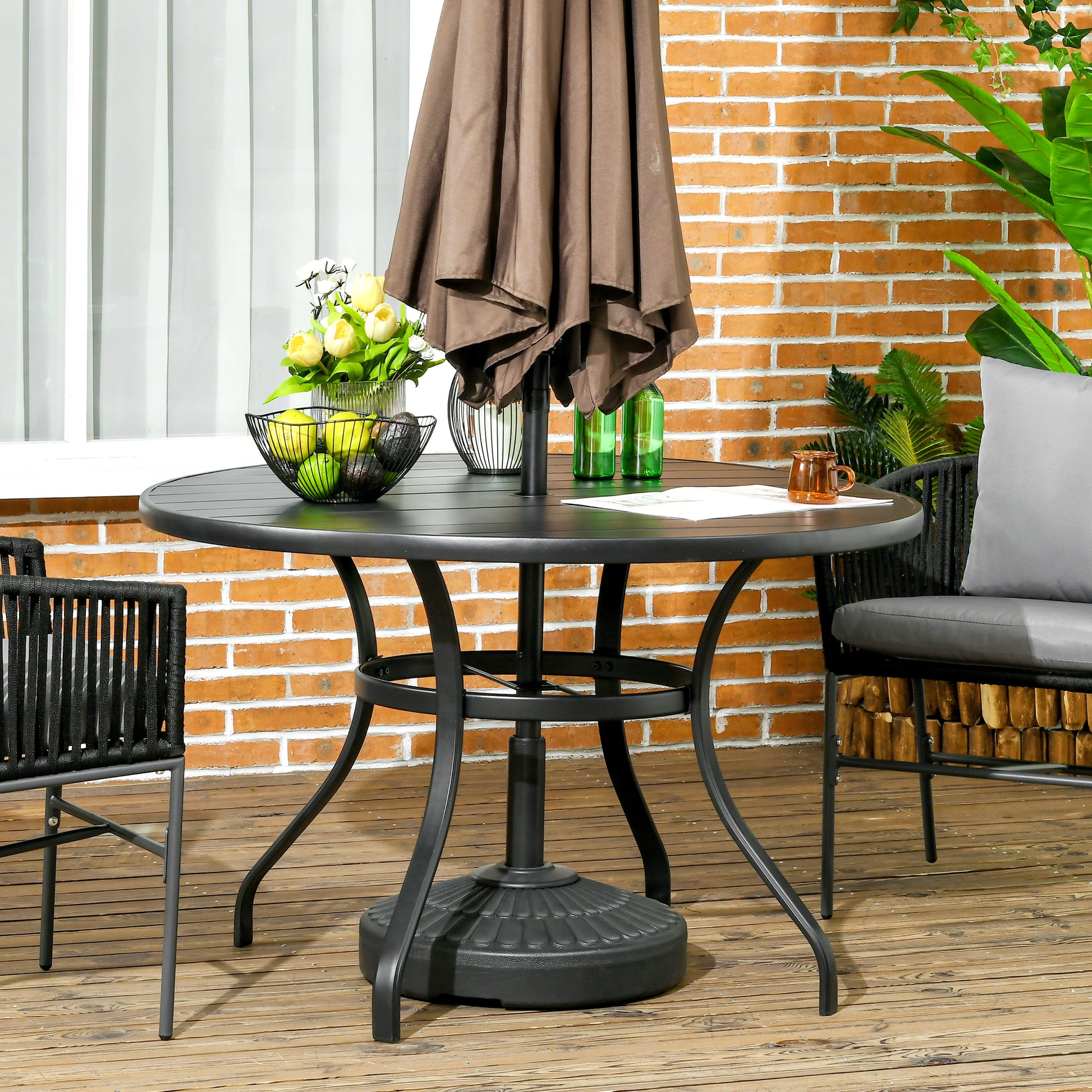Round Steel Garden Table Ø115x72 cm Outdoor Terrace Table with Slat Board Umbrella Hole Stable Weather Resistant Easy to Assemble Black