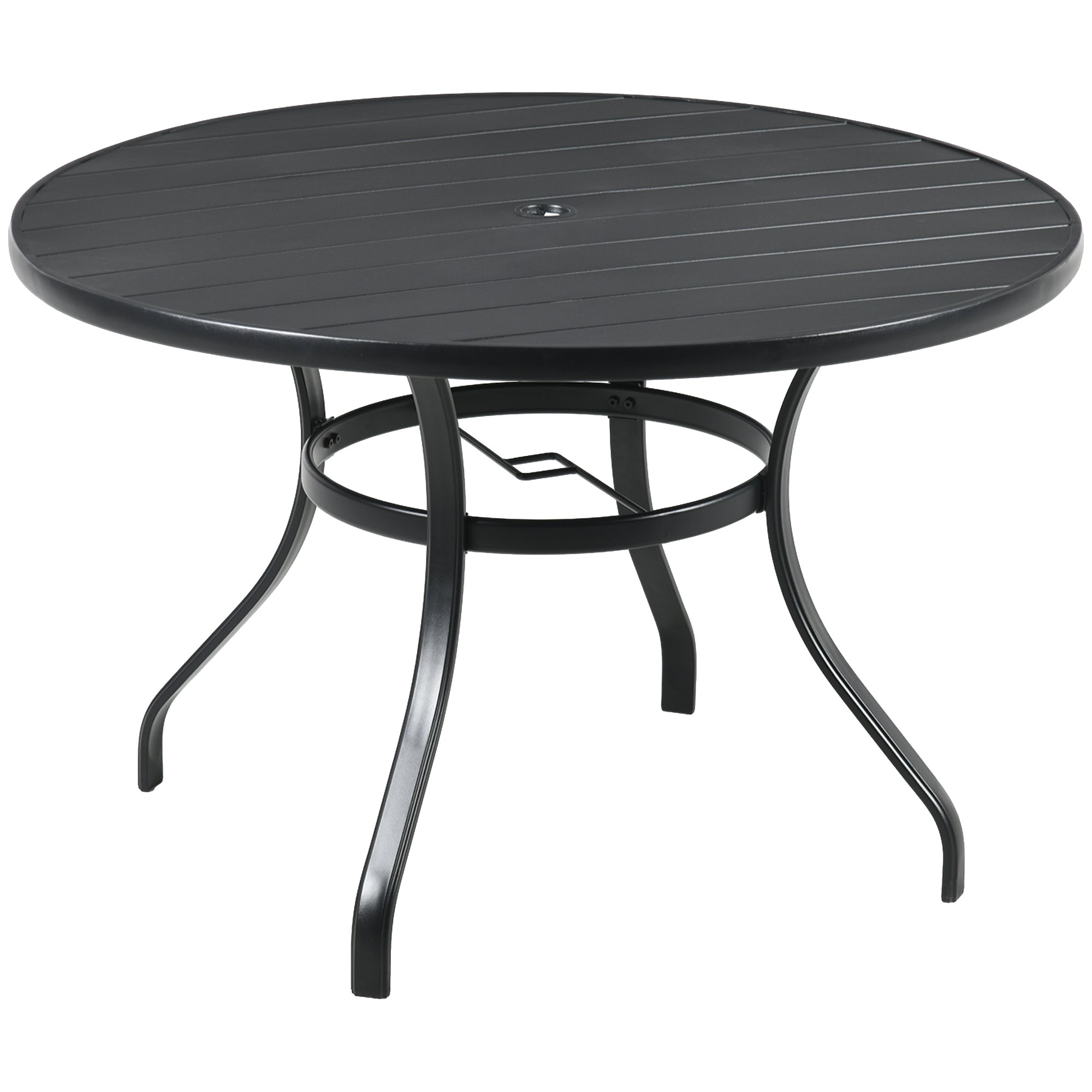 Round Steel Garden Table Ø115x72 cm Outdoor Terrace Table with Slat Board Umbrella Hole Stable Weather Resistant Easy to Assemble Black