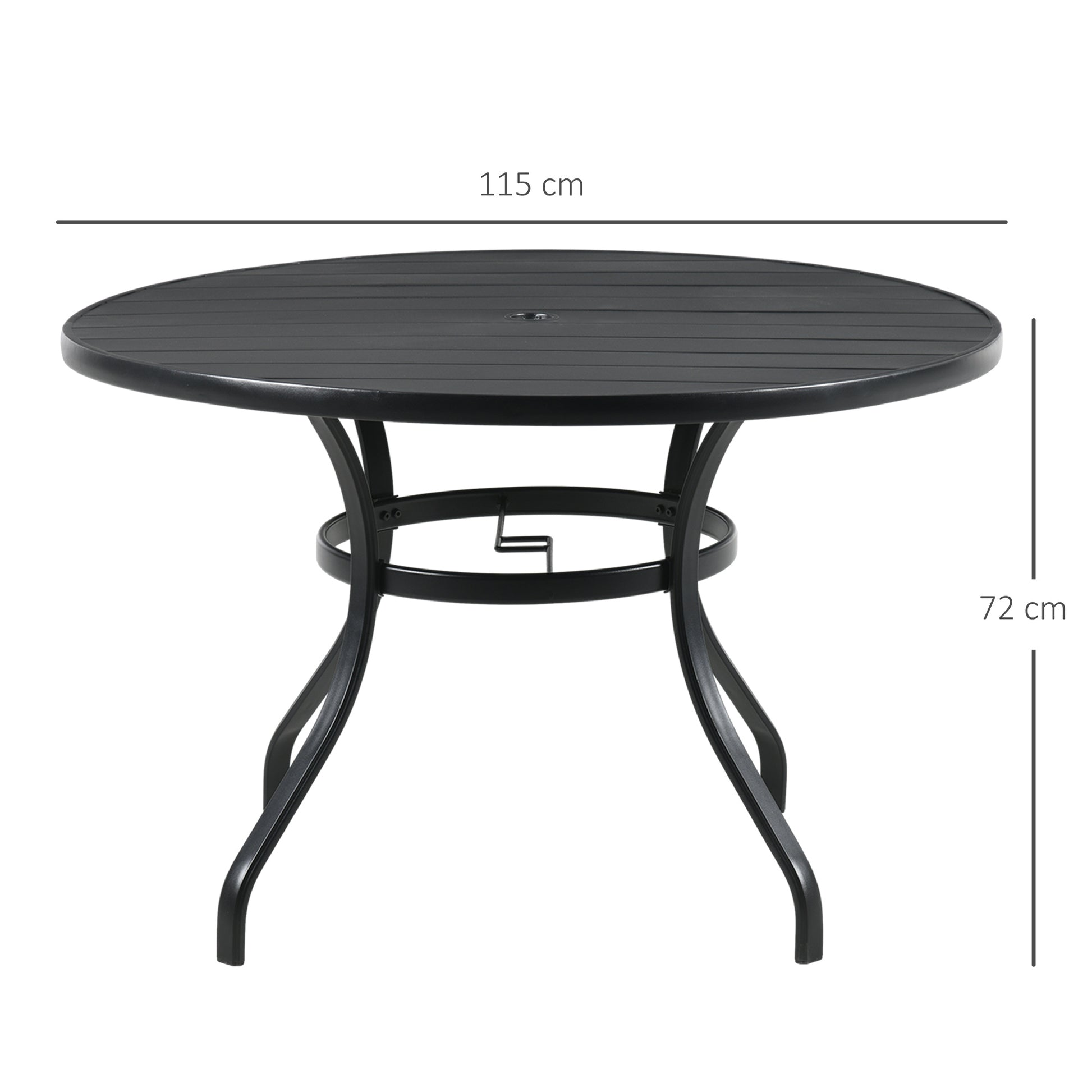 Round Steel Garden Table Ø115x72 cm Outdoor Terrace Table with Slat Board Umbrella Hole Stable Weather Resistant Easy to Assemble Black