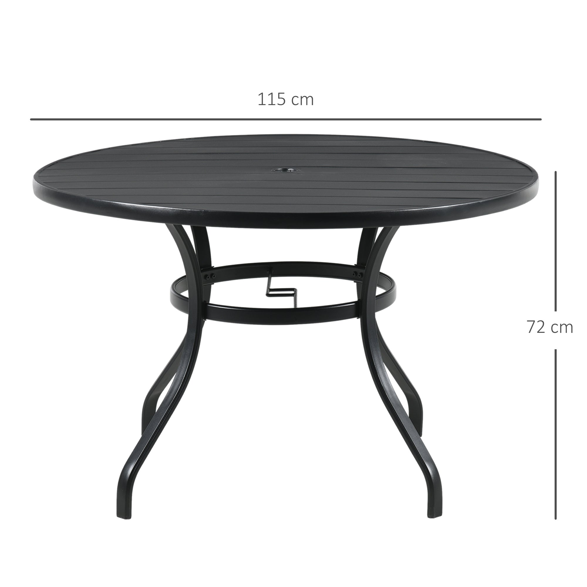 Round Steel Garden Table Ø115x72 cm Outdoor Terrace Table with Slat Board Umbrella Hole Stable Weather Resistant Easy to Assemble Black