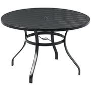 Round Steel Garden Table Ø115x72 cm Outdoor Terrace Table with Slat Board Umbrella Hole Stable Weather Resistant Easy to Assemble Black