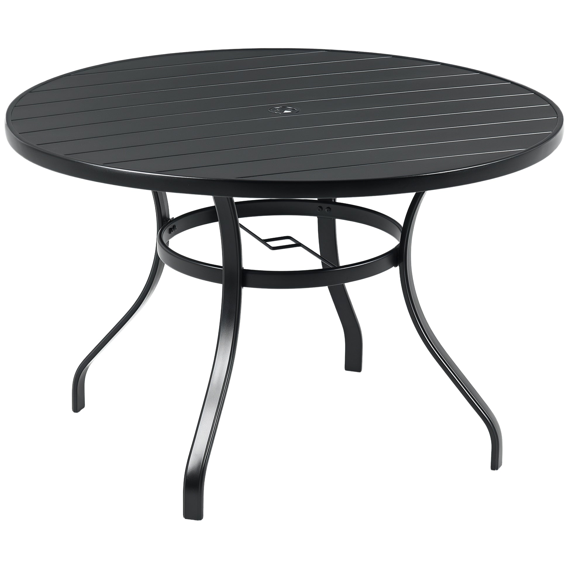 Round Steel Garden Table Ø115x72 cm Outdoor Terrace Table with Slat Board Umbrella Hole Stable Weather Resistant Easy to Assemble Black